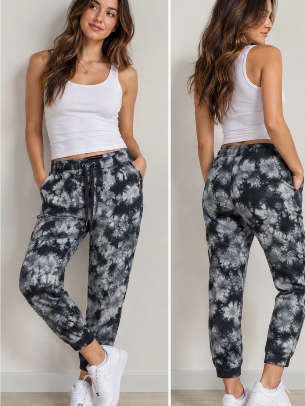 Banana Republic tie-dye jogger pants in a black, grey & white marbled pattern